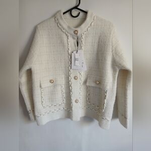 Sophisticated Designer Inspired Ivory Knit Blazer Faux Pearl Button Details SzM